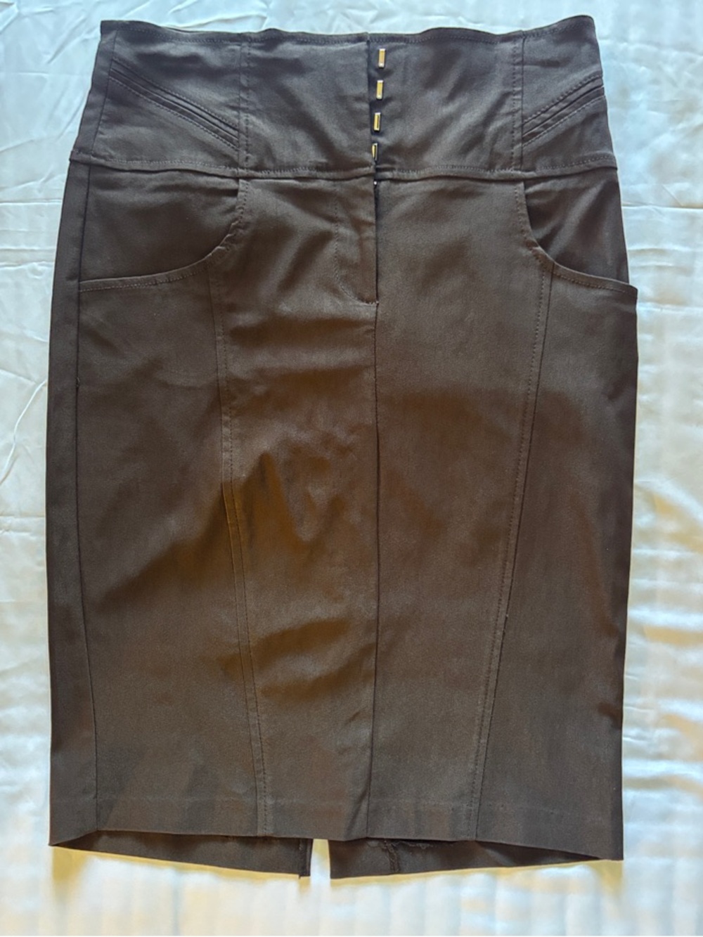 Women's Brown Pencil Skirt with Front Seam and Pocket Detail